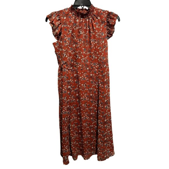 Nina Leonard Smocked Flutter Sleeve Floral Print Lined Midi Dress Flattering SzL - Picture 1 of 7